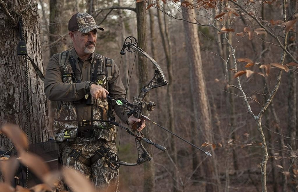 A hunter is wearing safety harness stay in a treestand for hunting