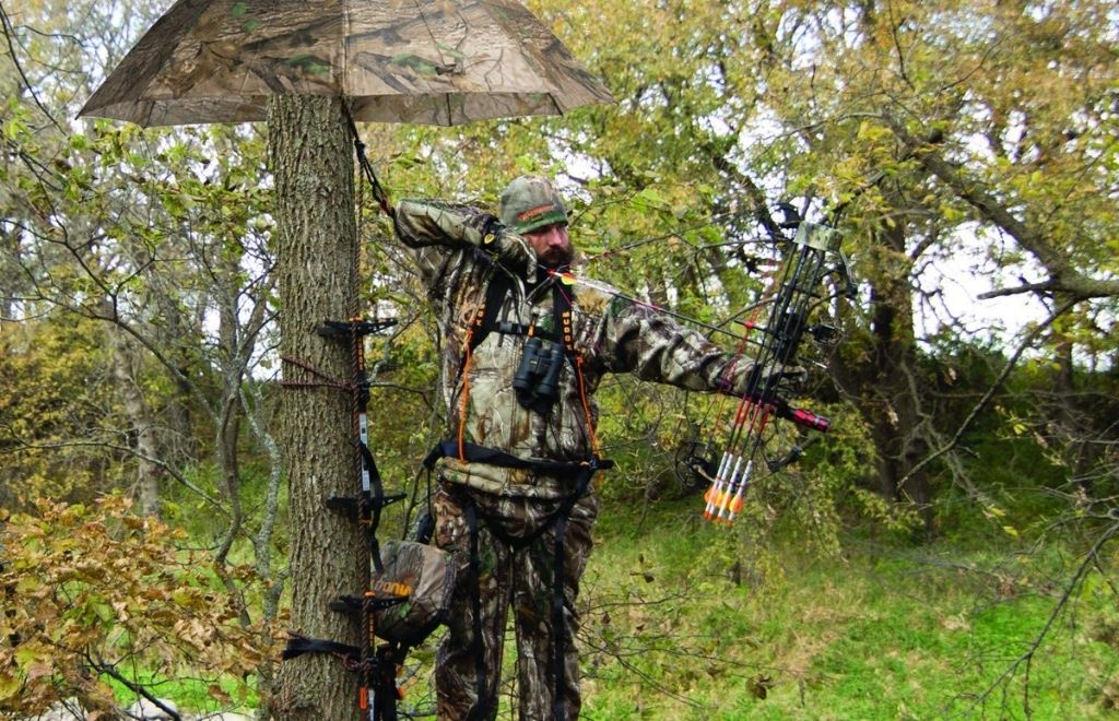 A hunter standing on treestand with in the hand of the bow