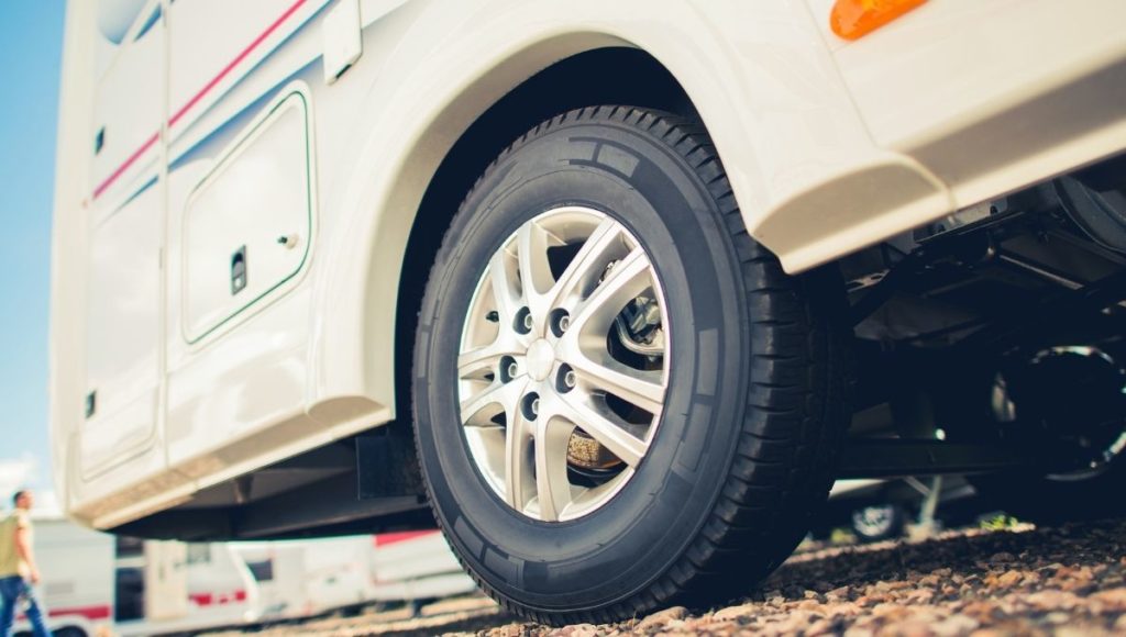 The rear tires of an RV